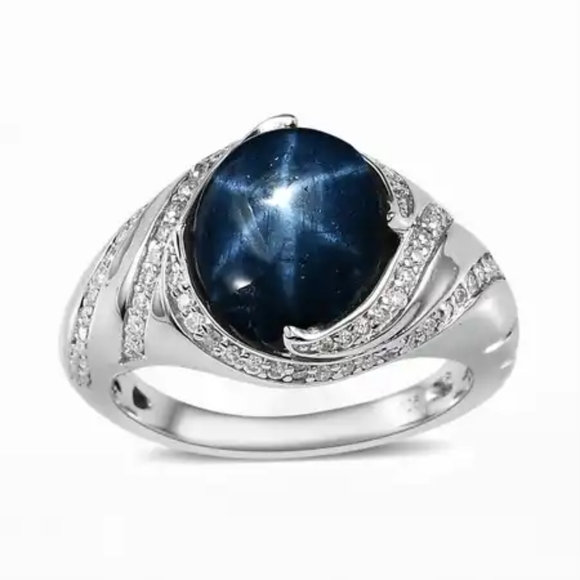D'Joy Jewelry - Blue Star Sapphire and Moissanite Ring in Platinum Over Sterling Silver 6.6ctw
